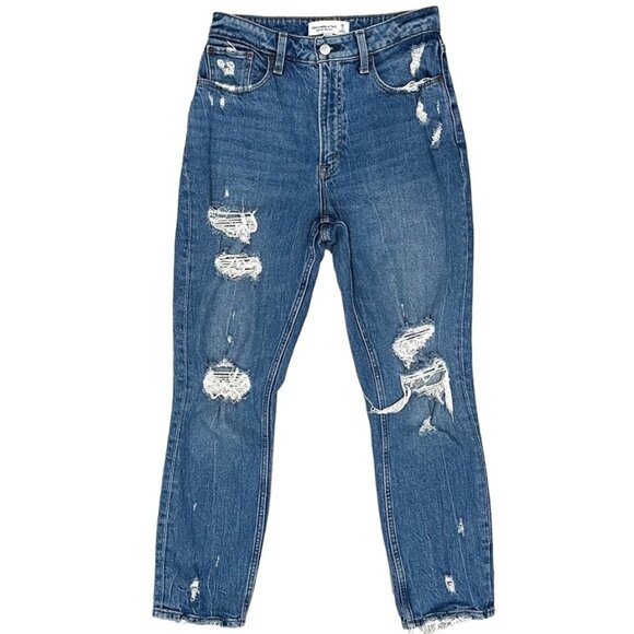 Abercrombie & Fitch High Rise Mom Jean Curve Love in Medium Wash Distressed - Picture 2 of 15